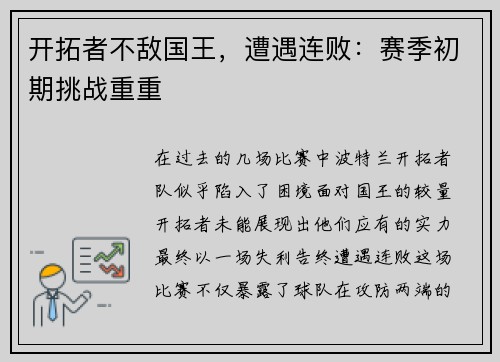 开拓者不敌国王，遭遇连败：赛季初期挑战重重