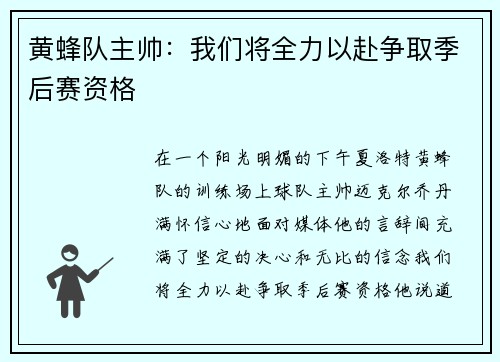 黄蜂队主帅：我们将全力以赴争取季后赛资格